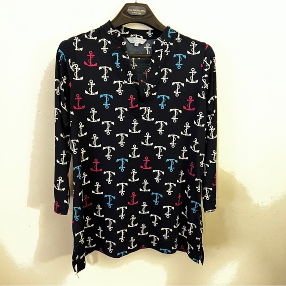 Escapada Living Navy Anchor Print Tunic Top Nautical Coastal Beach Size M